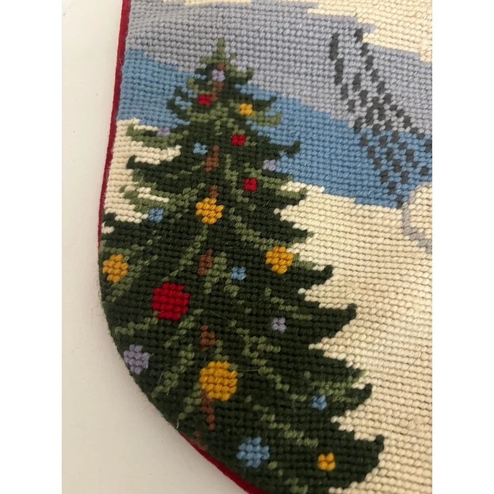 Vintage Lands End Penguin Needlepoint Christmas Stocking Wool Red Velvet MIKE